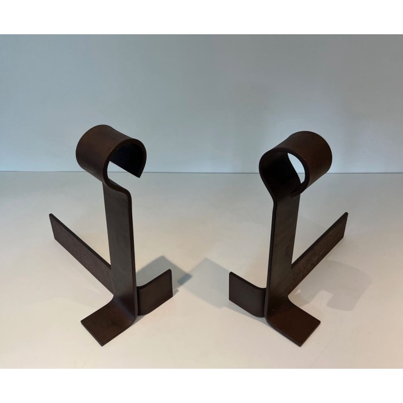 Important Pair of Modernist Wrought Iron Andirons with Circular Loop Finials and Anchor-Form Bases