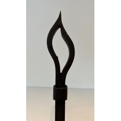 Pair of Modernist Wrought Iron Andirons with Stylised Flame Finials and Splayed Angular Bases
