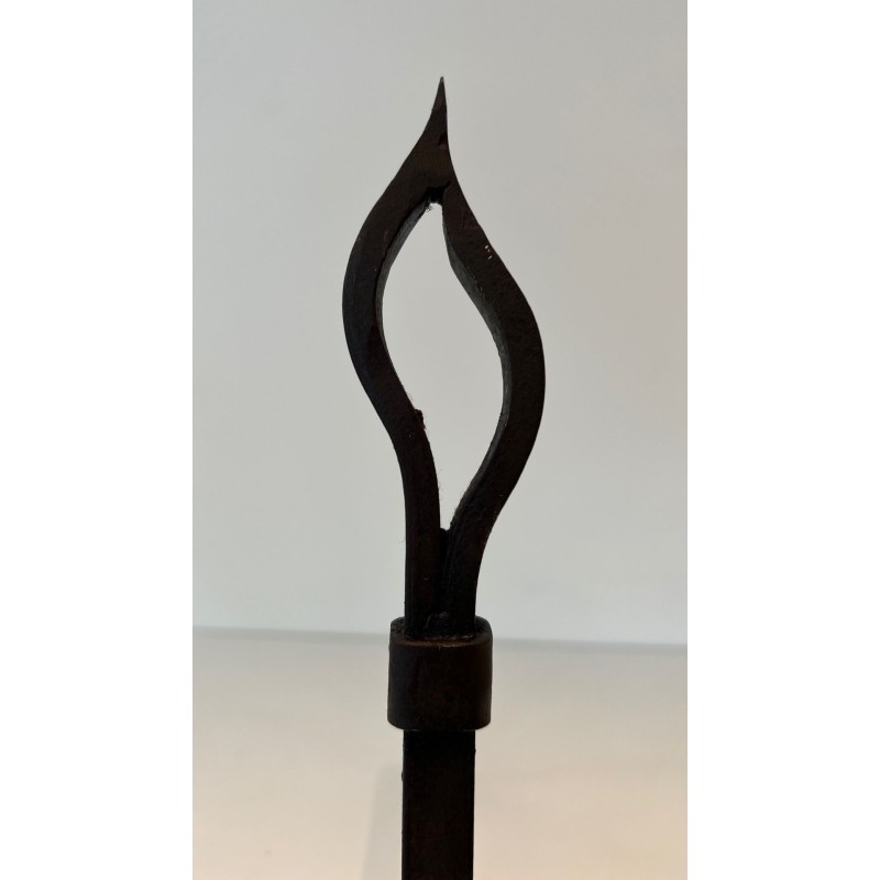 Pair of Modernist Wrought Iron Andirons with Stylised Flame Finials and Splayed Angular Bases