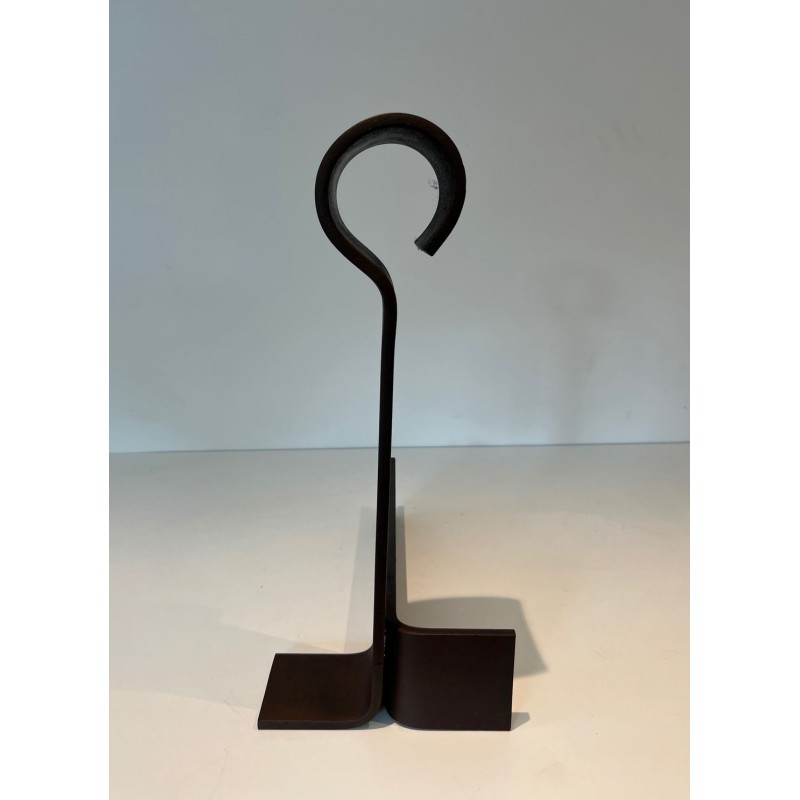 Important Pair of Modernist Wrought Iron Andirons with Circular Loop Finials and Anchor-Form Bases