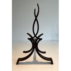Pair of Wrought Iron Andirons with Stylised Flamboyant Uprights and Scrolled Feet, by Raymond Subes