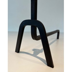 Pair of Modernist Wrought Iron Andirons with Stylised Flame Finials and Splayed Angular Bases