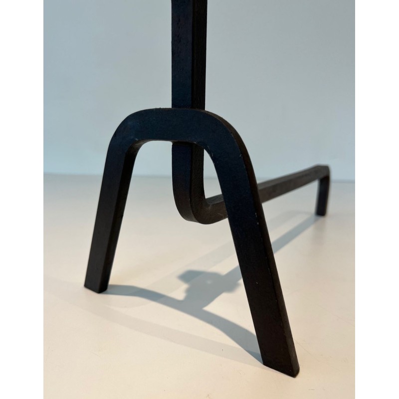 Pair of Modernist Wrought Iron Andirons with Stylised Flame Finials and Splayed Angular Bases