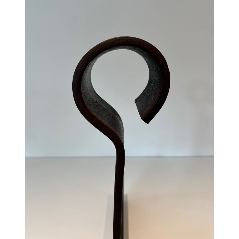 Important Pair of Modernist Wrought Iron Andirons with Circular Loop Finials and Anchor-Form Bases