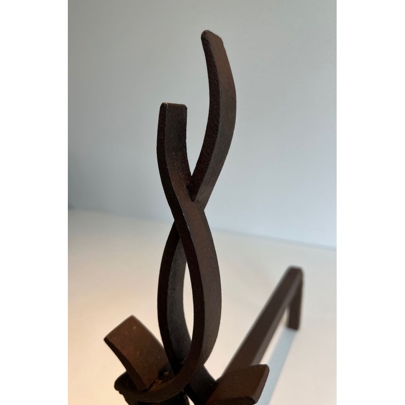 Pair of Wrought Iron Andirons with Stylised Flamboyant Uprights and Scrolled Feet, by Raymond Subes