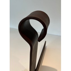 Important Pair of Modernist Wrought Iron Andirons with Circular Loop Finials and Anchor-Form Bases