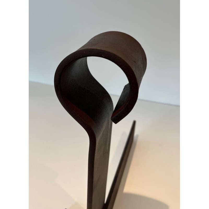 Important Pair of Modernist Wrought Iron Andirons with Circular Loop Finials and Anchor-Form Bases