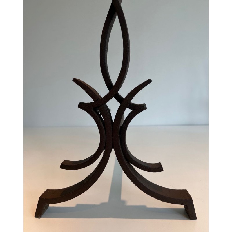 Pair of Wrought Iron Andirons with Stylised Flamboyant Uprights and Scrolled Feet, by Raymond Subes