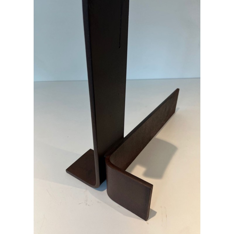 Important Pair of Modernist Wrought Iron Andirons with Circular Loop Finials and Anchor-Form Bases