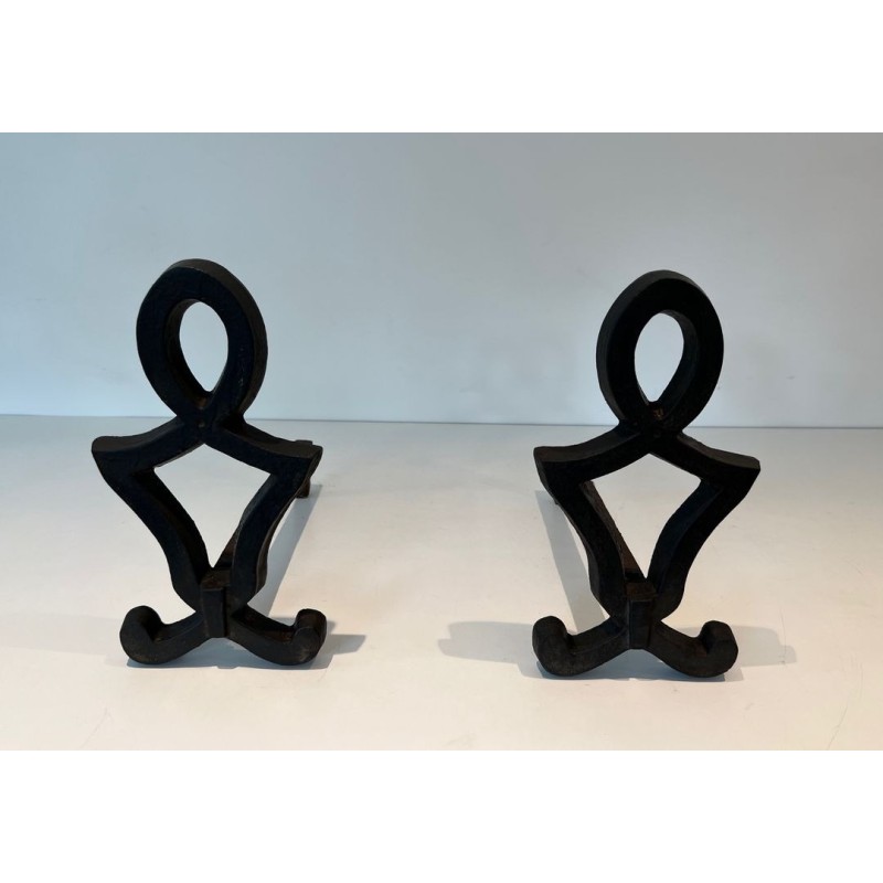 Pair of Modernist Cast Iron Andirons of Anthropomorphic Figural Form, by Raymond Subes