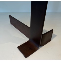 Important Pair of Modernist Wrought Iron Andirons with Circular Loop Finials and Anchor-Form Bases