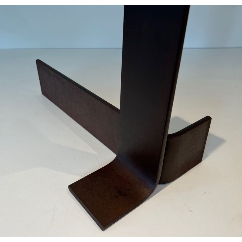 Important Pair of Modernist Wrought Iron Andirons with Circular Loop Finials and Anchor-Form Bases