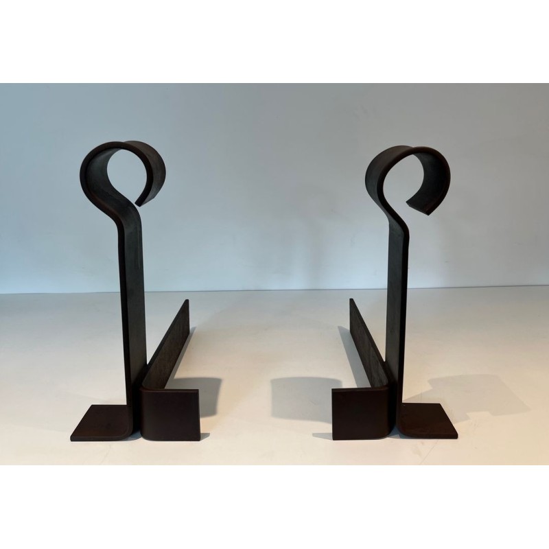 Important Pair of Modernist Wrought Iron Andirons with Circular Loop Finials and Anchor-Form Bases
