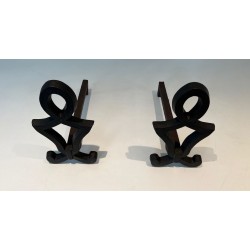 Pair of Modernist Cast Iron Andirons of Anthropomorphic Figural Form, by Raymond Subes