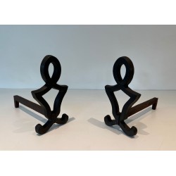 Pair of Modernist Cast Iron Andirons of Anthropomorphic Figural Form, by Raymond Subes