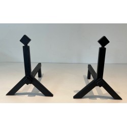 Pair of Modernist Black Iron Andirons with Diamond Finials and Angular Bases