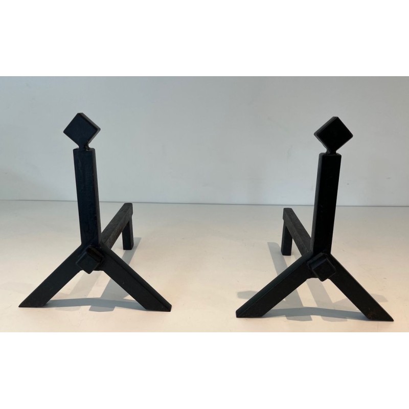 Pair of Modernist Black Iron Andirons with Diamond Finials and Angular Bases