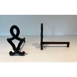 Pair of Modernist Cast Iron Andirons of Anthropomorphic Figural Form, by Raymond Subes