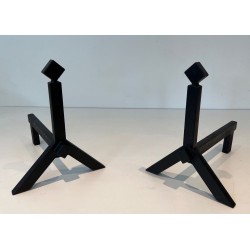 Pair of Modernist Black Iron Andirons with Diamond Finials and Angular Bases
