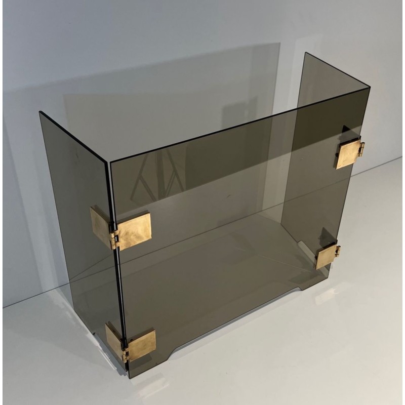 Design Three-Panel Folding Fireplace Screen in Smoked Glass with Polished Brass Hinges