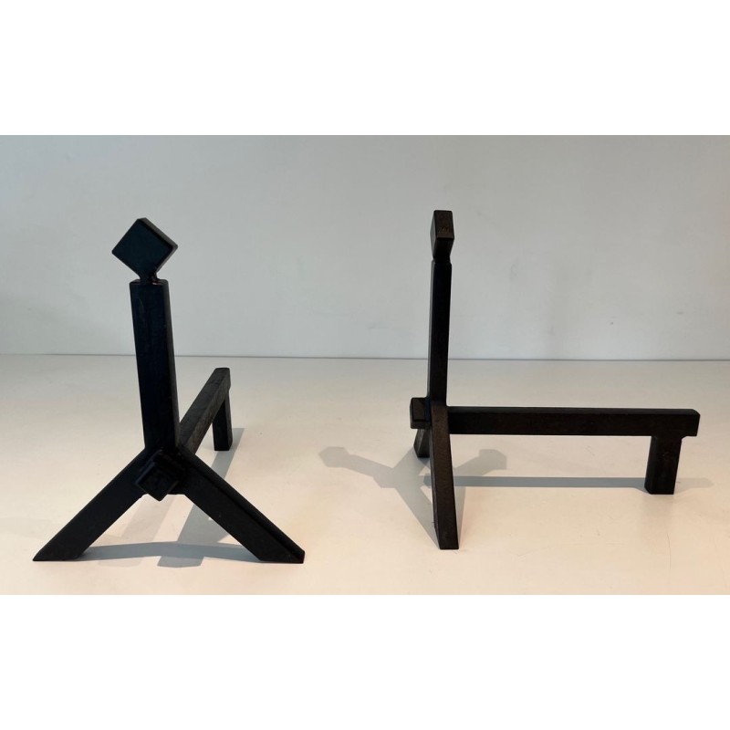 Pair of Modernist Black Iron Andirons with Diamond Finials and Angular Bases
