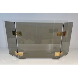 Design Three-Panel Folding Fireplace Screen in Smoked Glass with Polished Brass Hinges