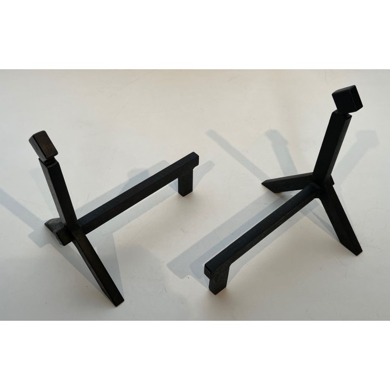 Pair of Modernist Black Iron Andirons with Diamond Finials and Angular Bases