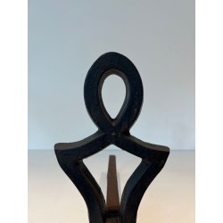 Pair of Modernist Cast Iron Andirons of Anthropomorphic Figural Form, by Raymond Subes