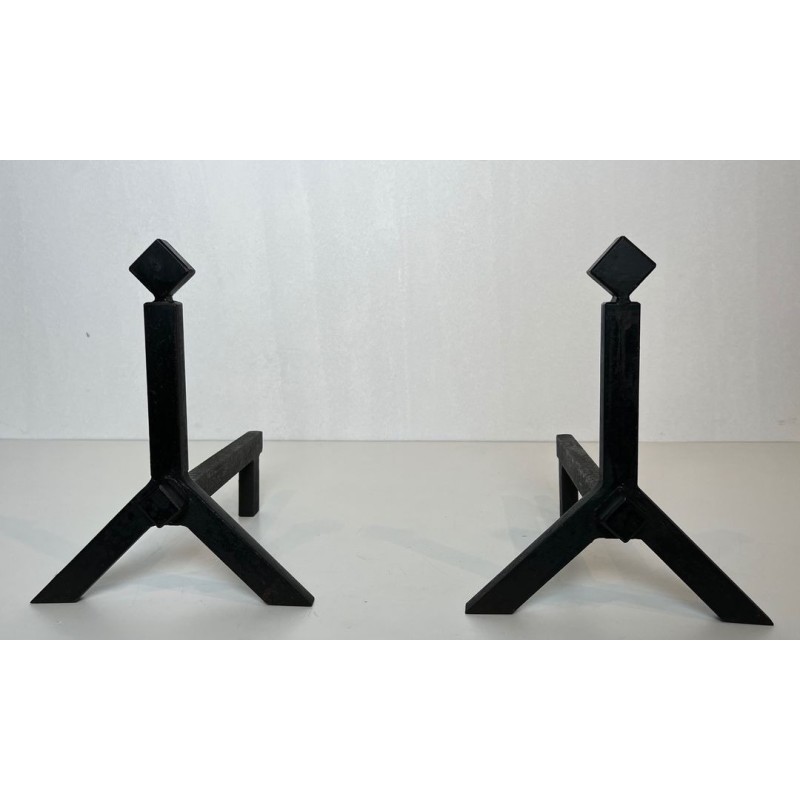 Pair of Modernist Black Iron Andirons with Diamond Finials and Angular Bases