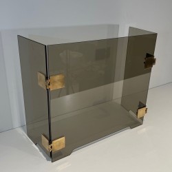 Design Three-Panel Folding Fireplace Screen in Smoked Glass with Polished Brass Hinges