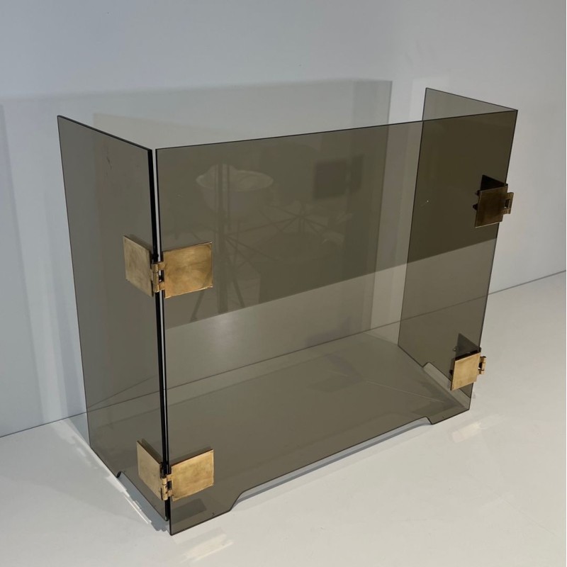Design Three-Panel Folding Fireplace Screen in Smoked Glass with Polished Brass Hinges