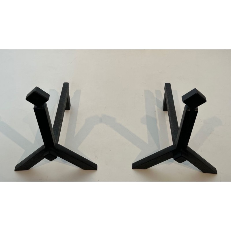 Pair of Modernist Black Iron Andirons with Diamond Finials and Angular Bases