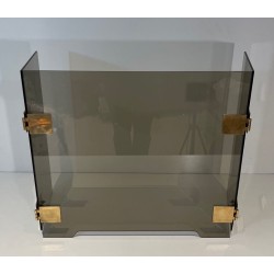 Pare-Feu à Trois Volets en Verre Fumé et Laiton. Vers 1970