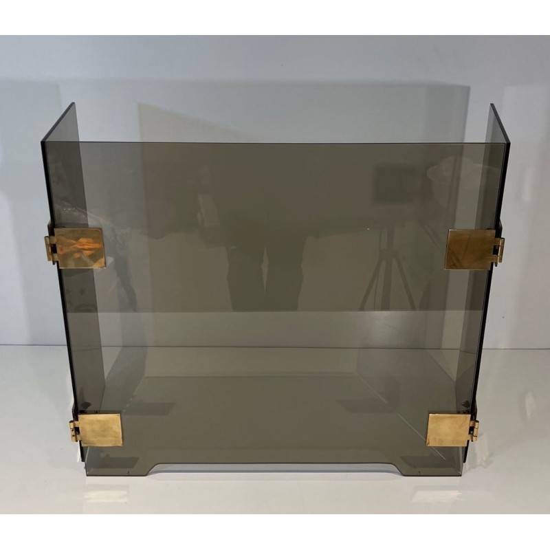 Pare-Feu à Trois Volets en Verre Fumé et Laiton. Vers 1970