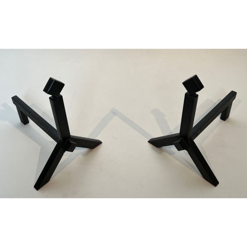 Pair of Modernist Black Iron Andirons with Diamond Finials and Angular Bases