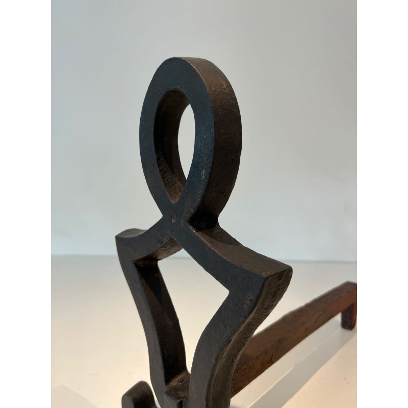 Pair of Modernist Cast Iron Andirons of Anthropomorphic Figural Form, by Raymond Subes