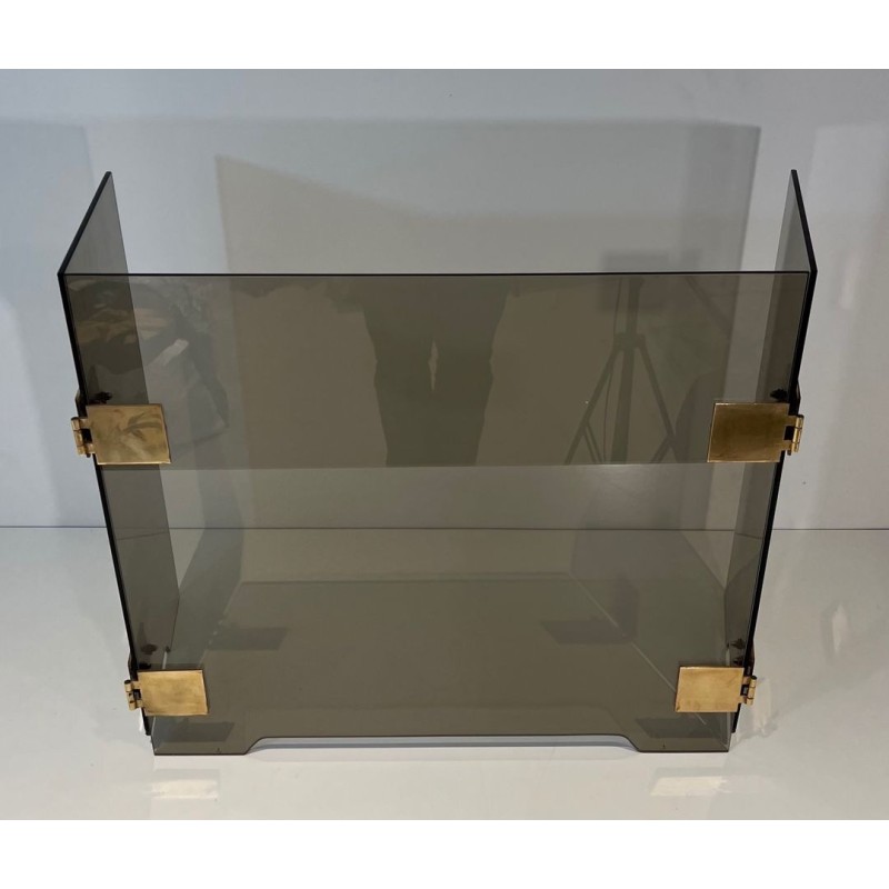 Design Three-Panel Folding Fireplace Screen in Smoked Glass with Polished Brass Hinges