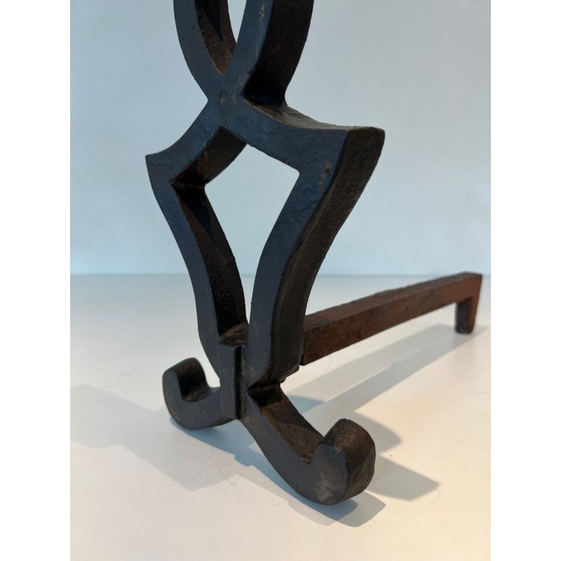 Pair of Modernist Cast Iron Andirons of Anthropomorphic Figural Form, by Raymond Subes