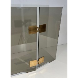 Design Three-Panel Folding Fireplace Screen in Smoked Glass with Polished Brass Hinges