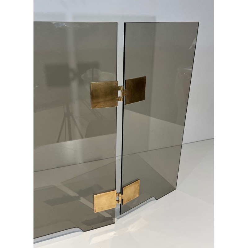 Design Three-Panel Folding Fireplace Screen in Smoked Glass with Polished Brass Hinges