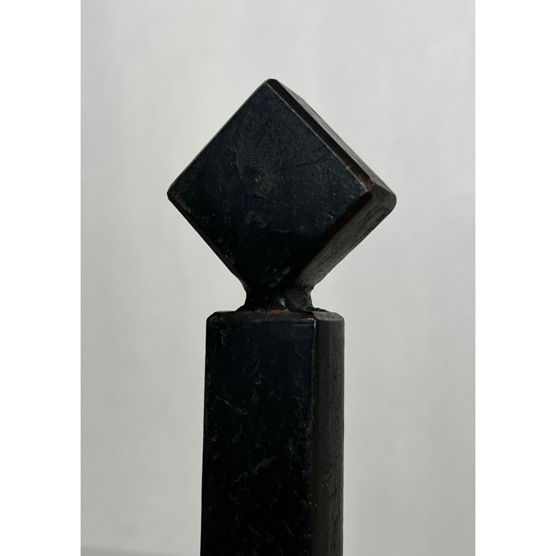 Pair of Modernist Black Iron Andirons with Diamond Finials and Angular Bases