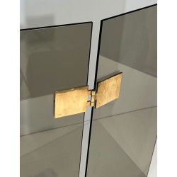 Design Three-Panel Folding Fireplace Screen in Smoked Glass with Polished Brass Hinges