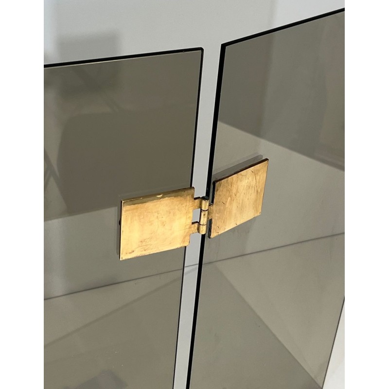 Design Three-Panel Folding Fireplace Screen in Smoked Glass with Polished Brass Hinges