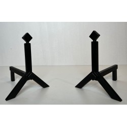 Pair of Modernist Black Iron Andirons with Diamond Finials and Angular Bases