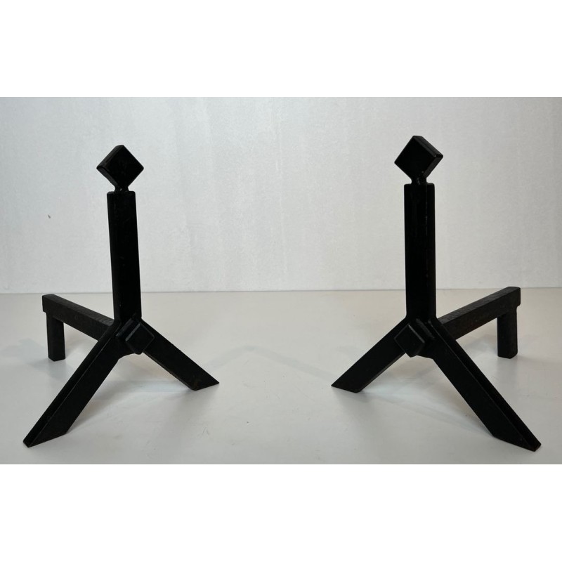 Pair of Modernist Black Iron Andirons with Diamond Finials and Angular Bases