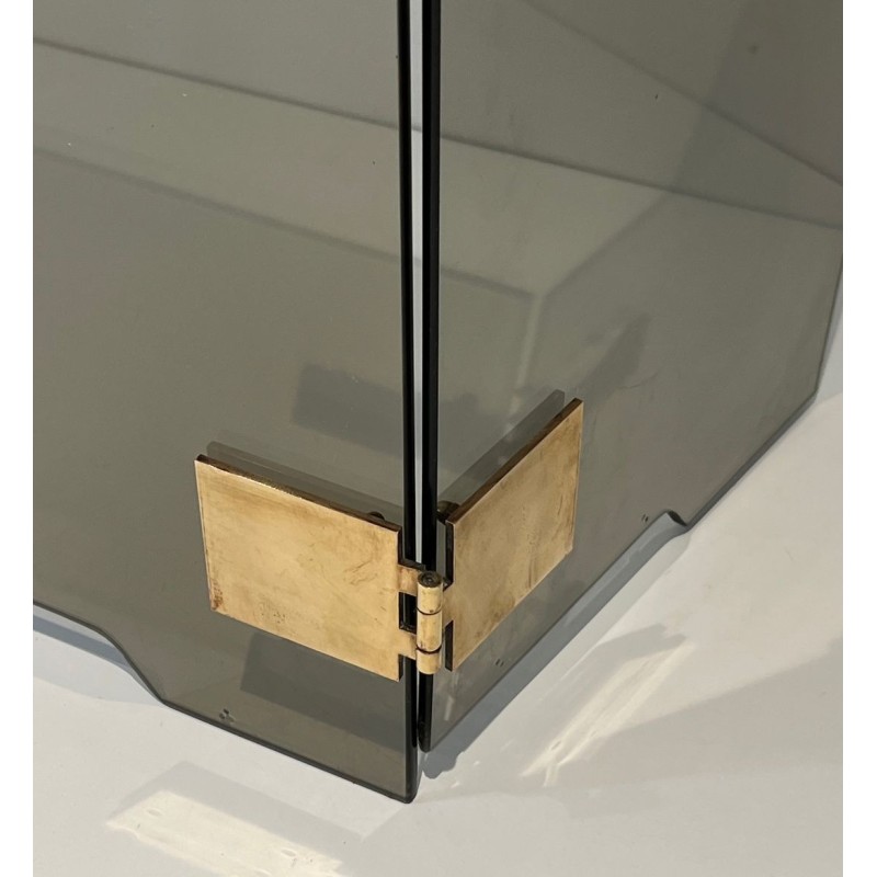 Design Three-Panel Folding Fireplace Screen in Smoked Glass with Polished Brass Hinges