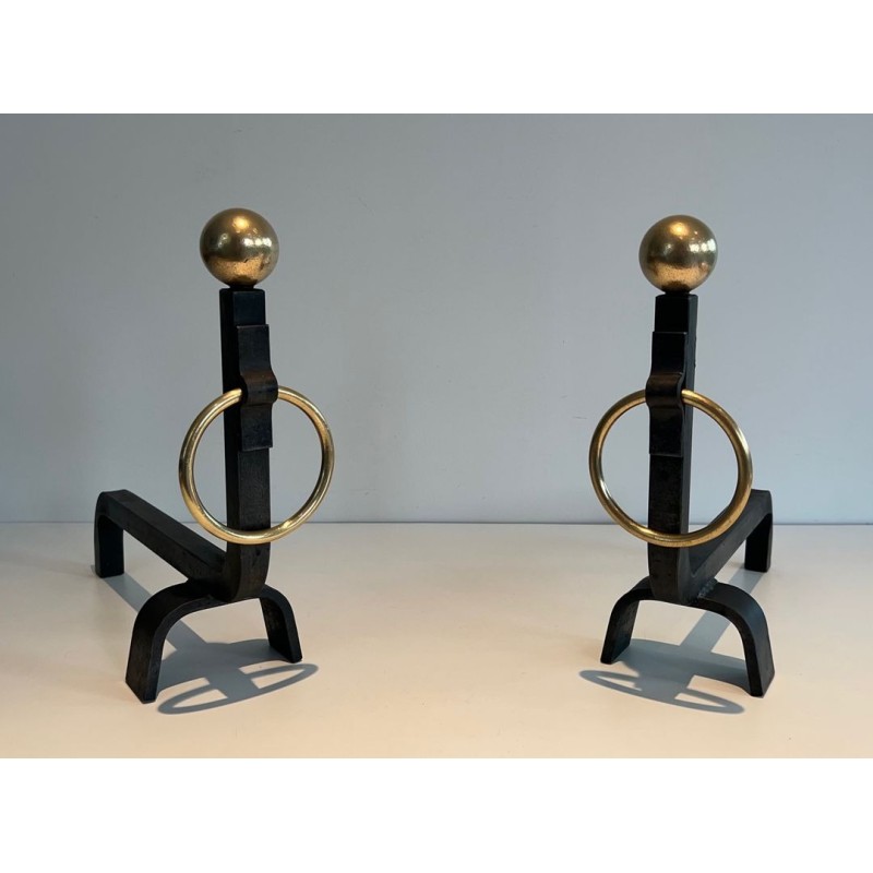 Pair of Wrought Iron and Polished Brass Andirons with Ball Finials and Ring Details, in the Manner of Jacques Adnet