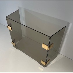 Design Three-Panel Folding Fireplace Screen in Smoked Glass with Polished Brass Hinges