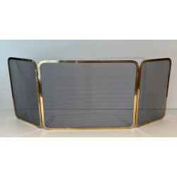 Three-Panel Polished Brass and Steel Mesh Folding Fireplace Screen