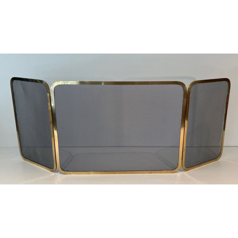 Three-Panel Polished Brass and Steel Mesh Folding Fireplace Screen